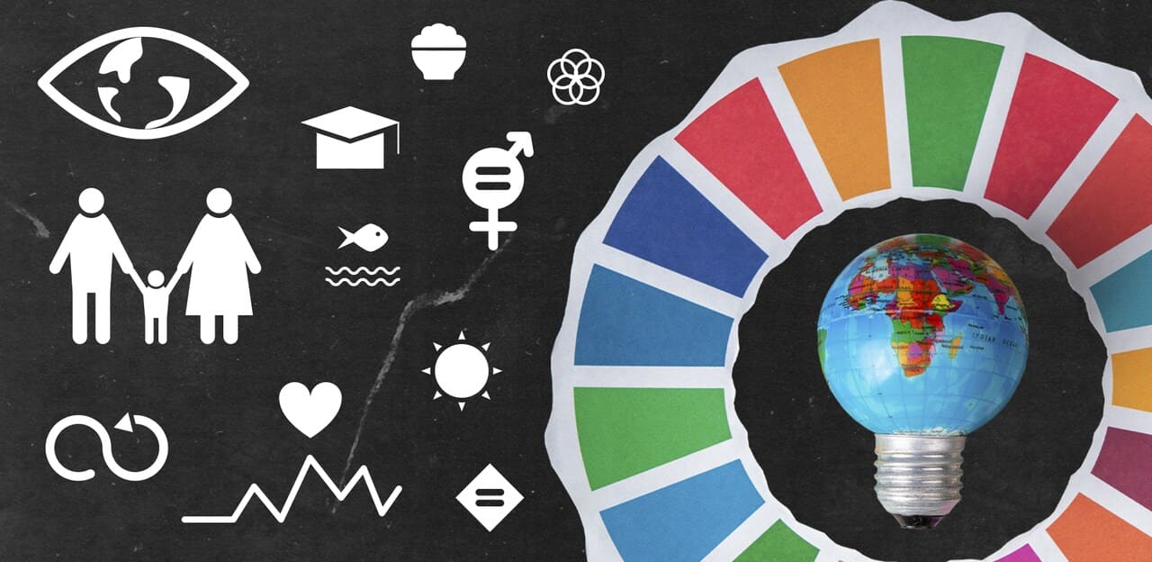 A visual showing ESG factors, with icons for Environmental, Social, and Governance categories and an earth glob looking like a bulb on the right side