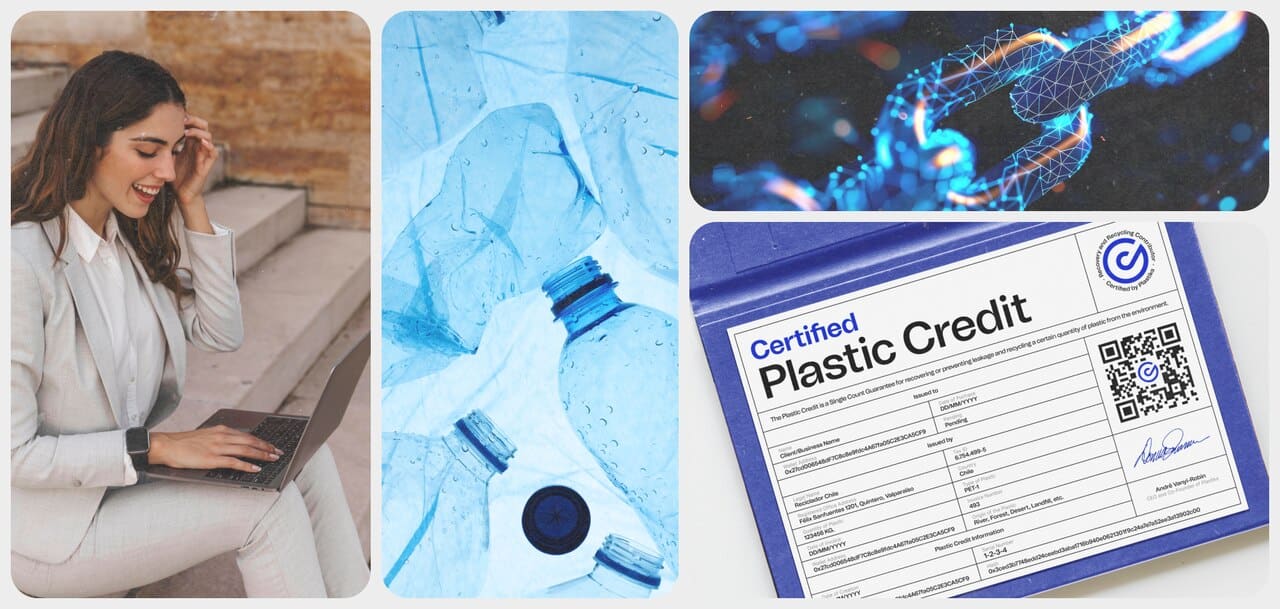 Collage featuring Plastiks.io plastic credit solutions: a professional woman working on a laptop, plastic bottles, blockchain transparency, and a certified plastic credit document with a QR code.