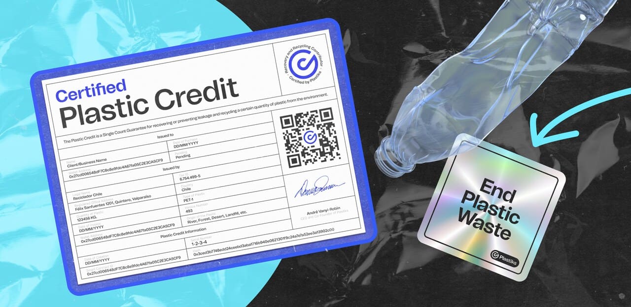Plastiks.io certified plastic credit document with QR code and holographic 'End Plastic Waste' badge, highlighting sustainability efforts in reducing global plastic pollution.