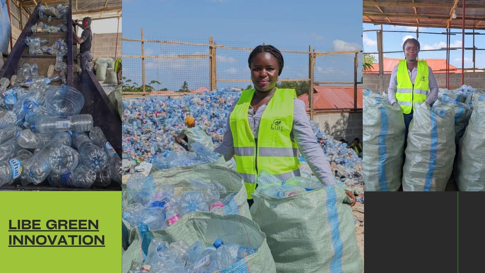 Liberatha Kajimba stands in front of a large pile of collected plastic waste, wearing a reflective vest with the Libe Green Innovation logo. She holds bags filled with recovered plastic, showcasing the scale of her verified plastic recovery efforts in Tanzania.